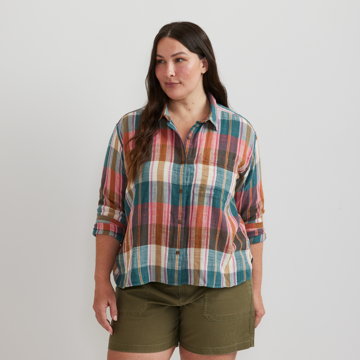 Women's Cotton Slub Plaid Long-Sleeve Shirt